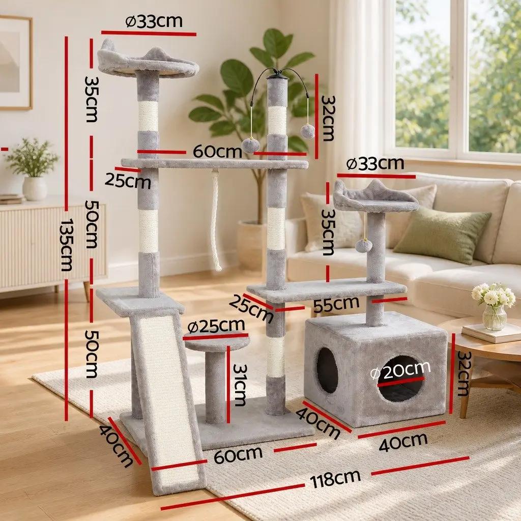 Cat Tree 135cm Scratching Post Tower 4-Level Condo House Grey Wood