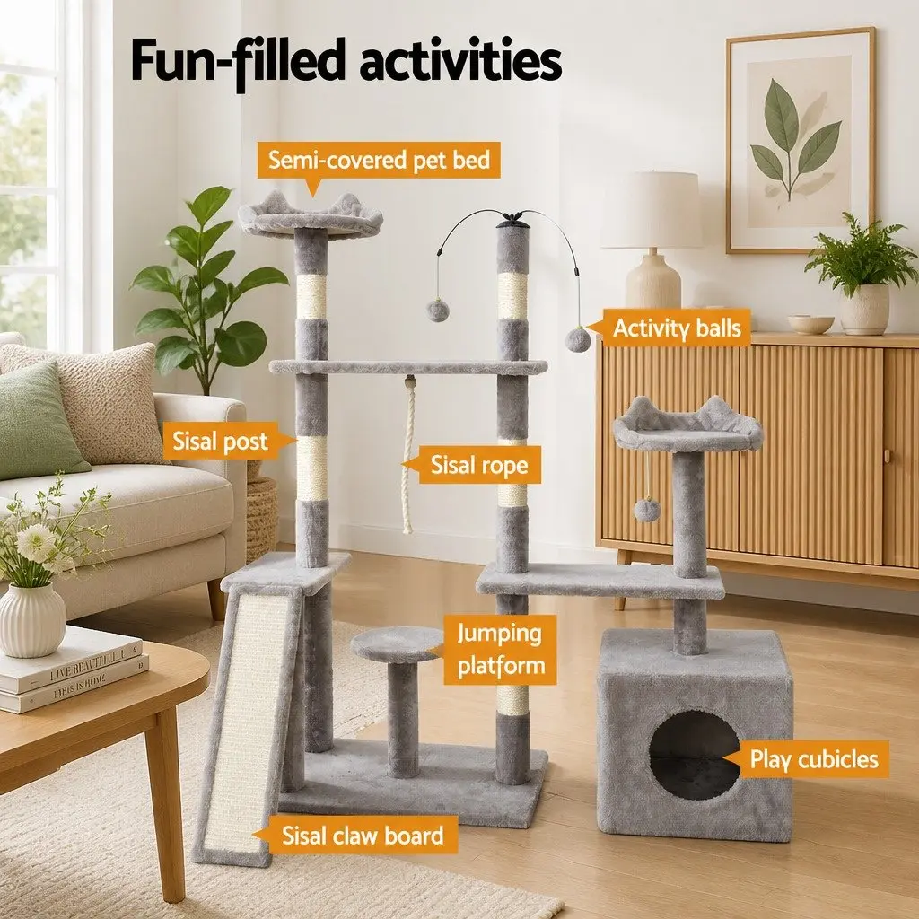 Cat Tree 135cm Scratching Post Tower 4-Level Condo House Grey Wood