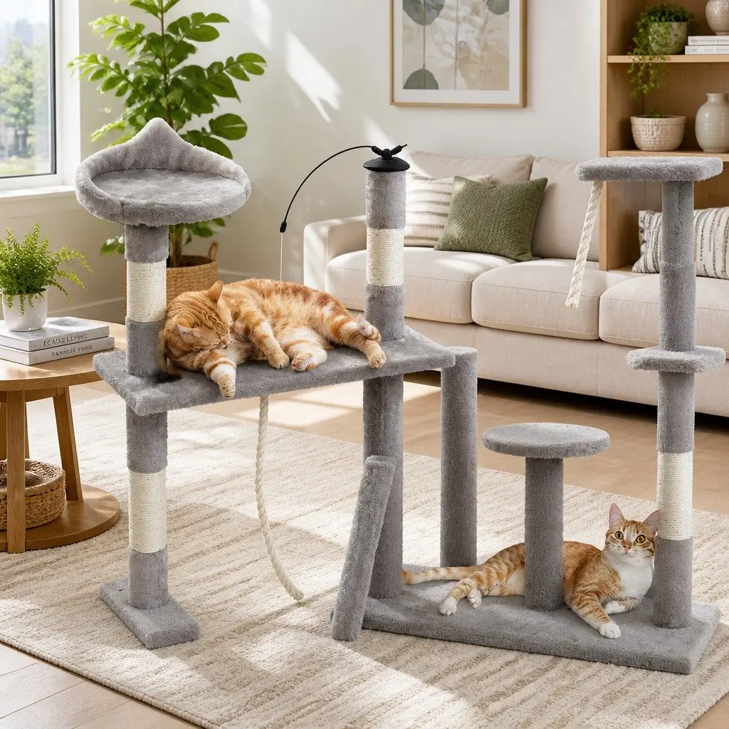 Cat Tree 135cm Scratching Post Tower 4-Level Condo House Grey Wood