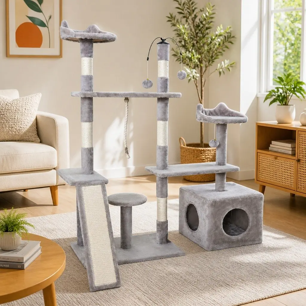 Cat Tree 135cm Scratching Post Tower 4-Level Condo House Grey Wood