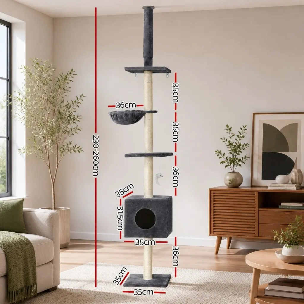 Cat Tree Tower Floor to Ceiling Scratching Post 260cm 4 Platform Levels Dark Grey