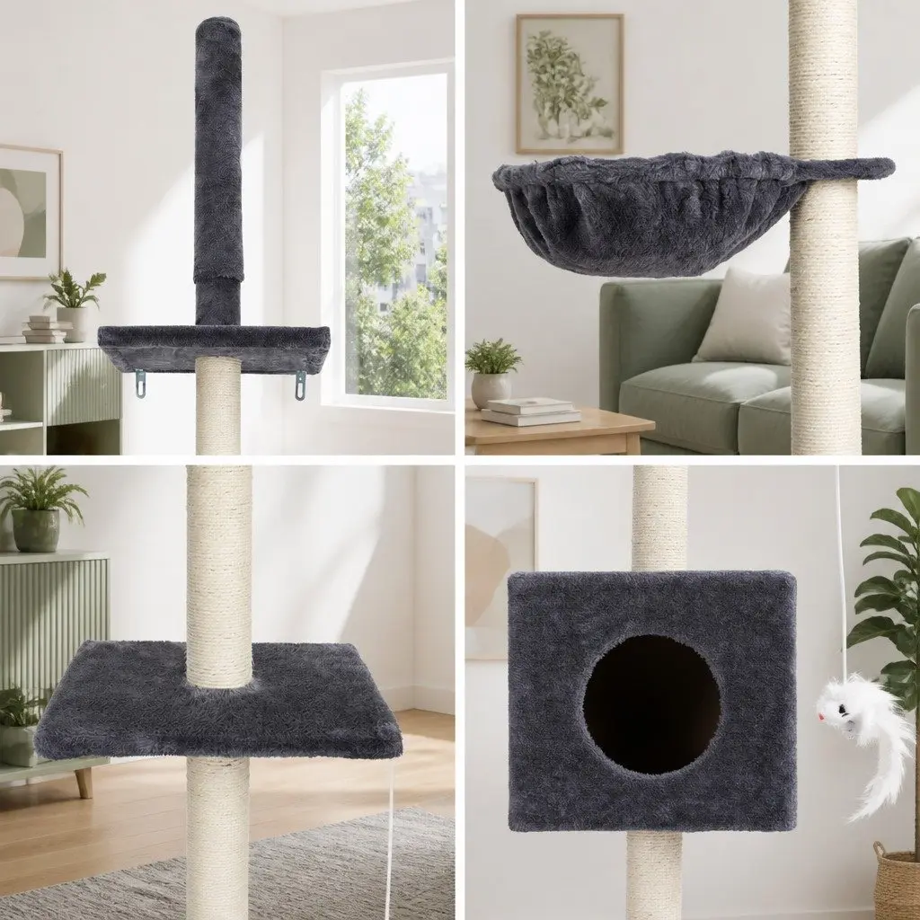 Cat Tree Tower Floor to Ceiling Scratching Post 260cm 4 Platform Levels Dark Grey