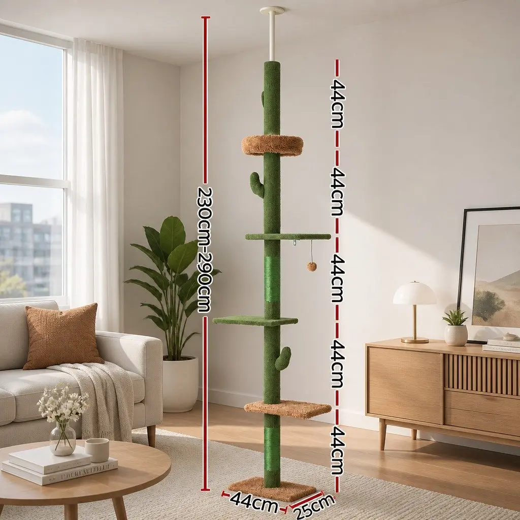 Cat Tree Scratching Post Floor to Ceiling Adjustable 290cm Multi Level Green Beige