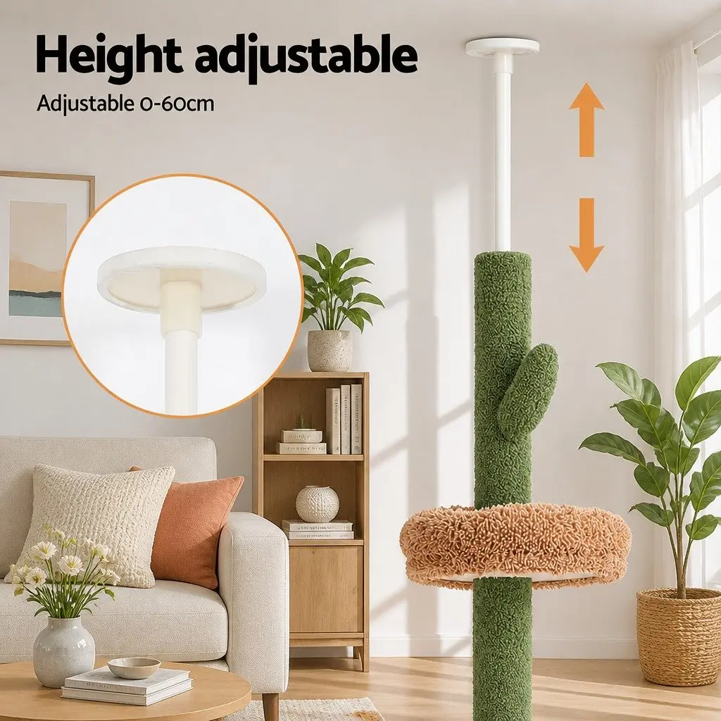 Cat Tree Scratching Post Floor to Ceiling Adjustable 290cm Multi Level Green Beige