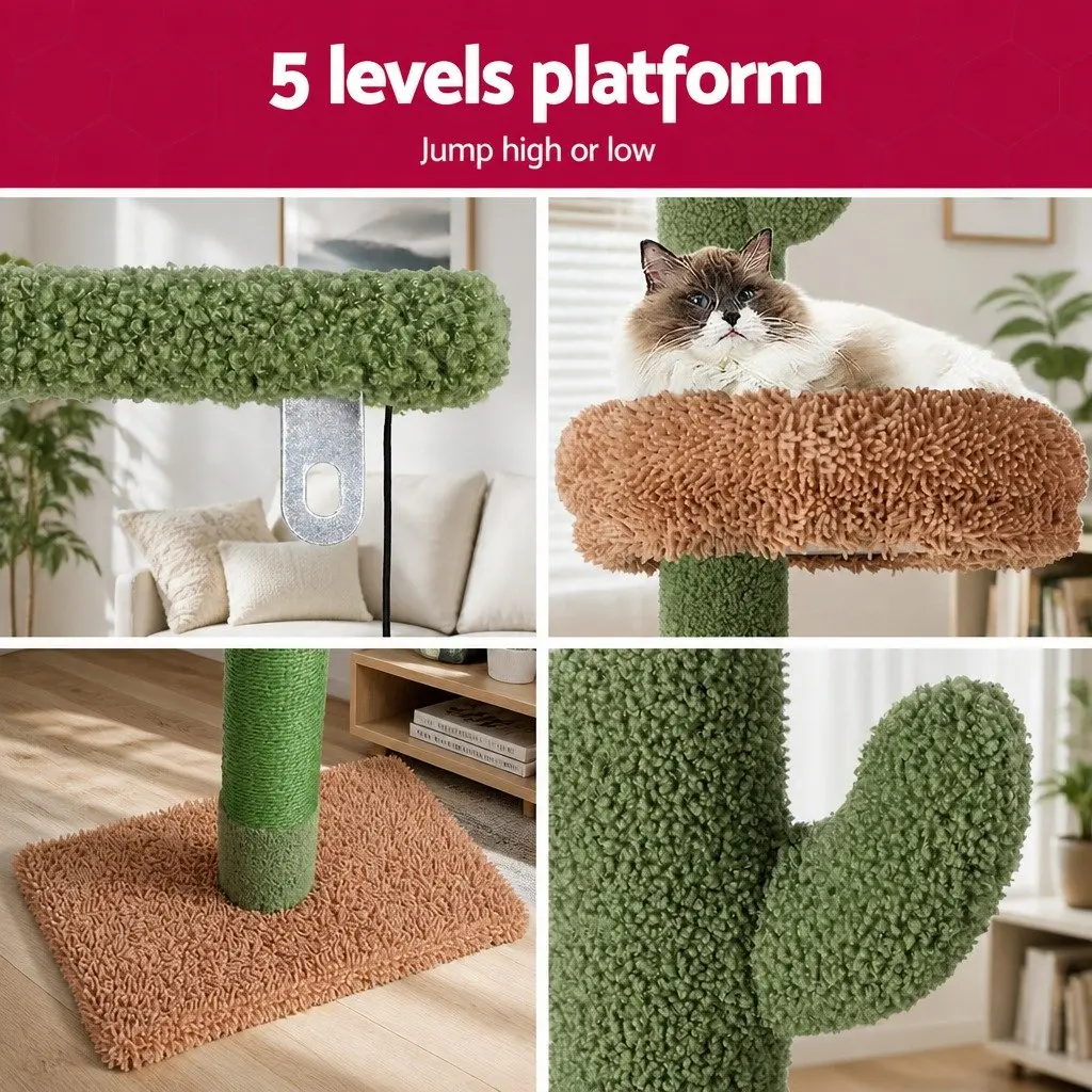 Cat Tree Scratching Post Floor to Ceiling Adjustable 290cm Multi Level Green Beige