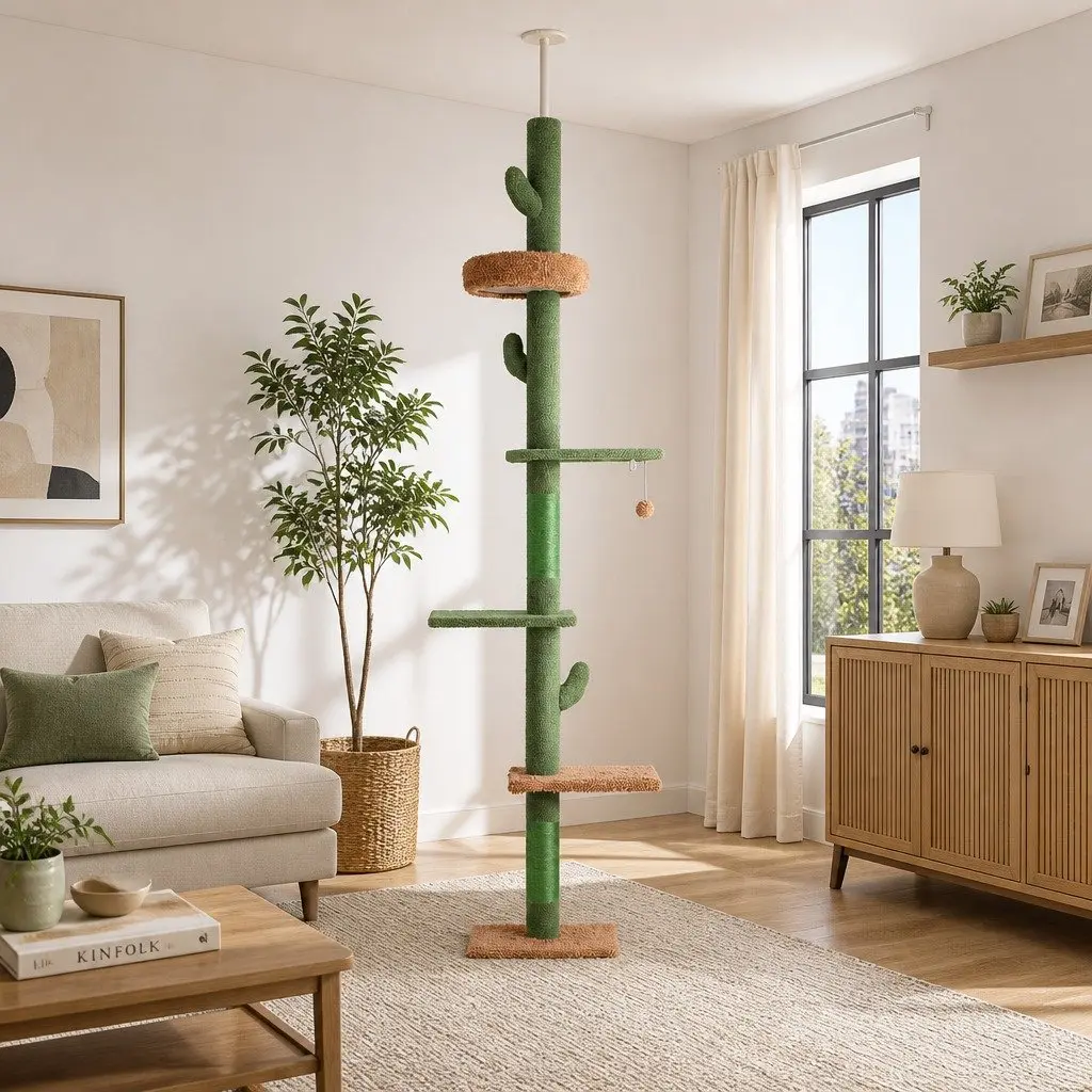 Cat Tree Scratching Post Floor to Ceiling Adjustable 290cm Multi Level Green Beige