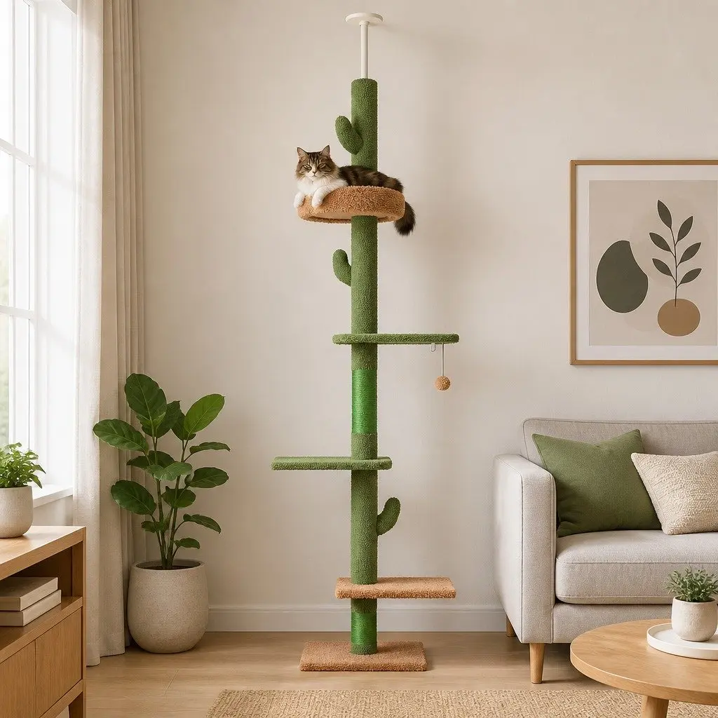 Cat Tree Scratching Post Floor to Ceiling Adjustable 290cm Multi Level Green Beige