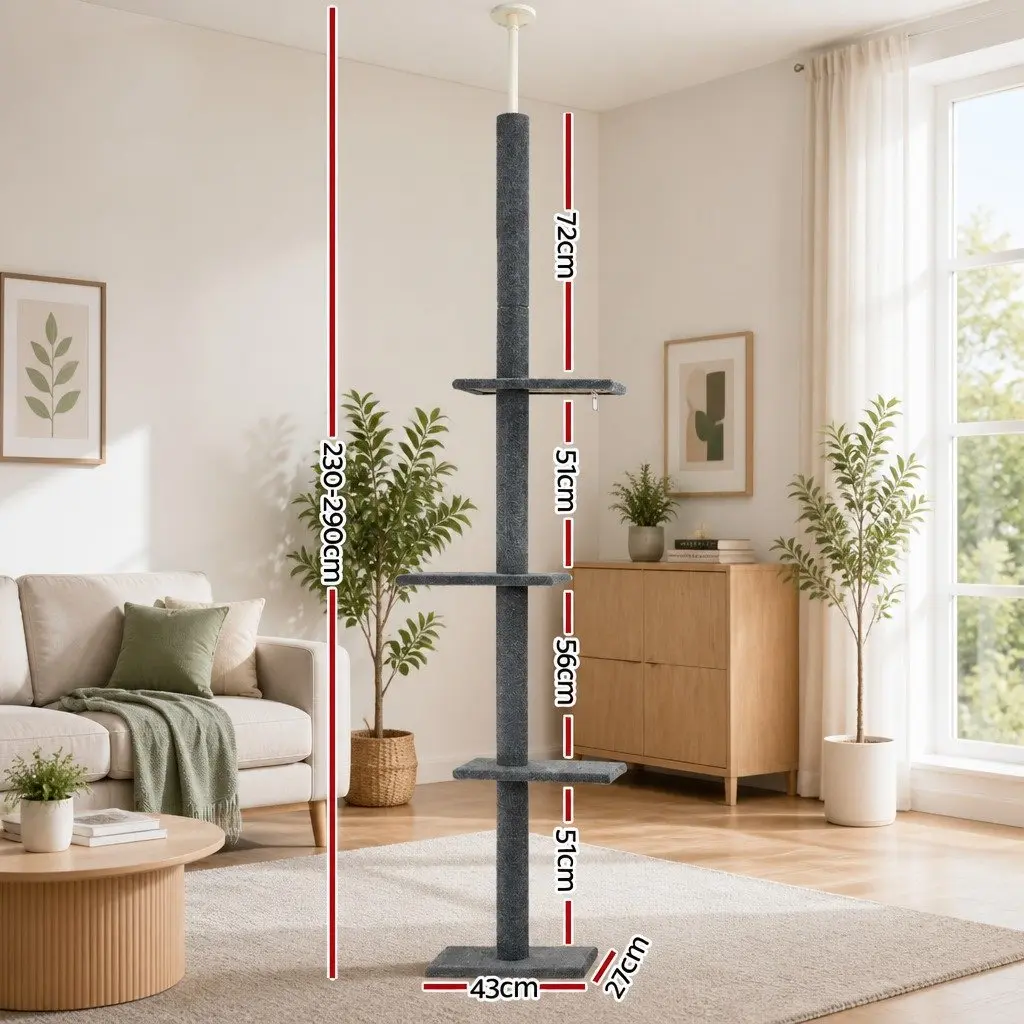 Cat Tree Floor to Ceiling Scratching Post Tower 290cm 4 Platforms Grey