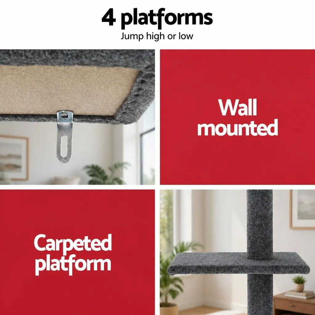 Cat Tree Floor to Ceiling Scratching Post Tower 290cm 4 Platforms Grey