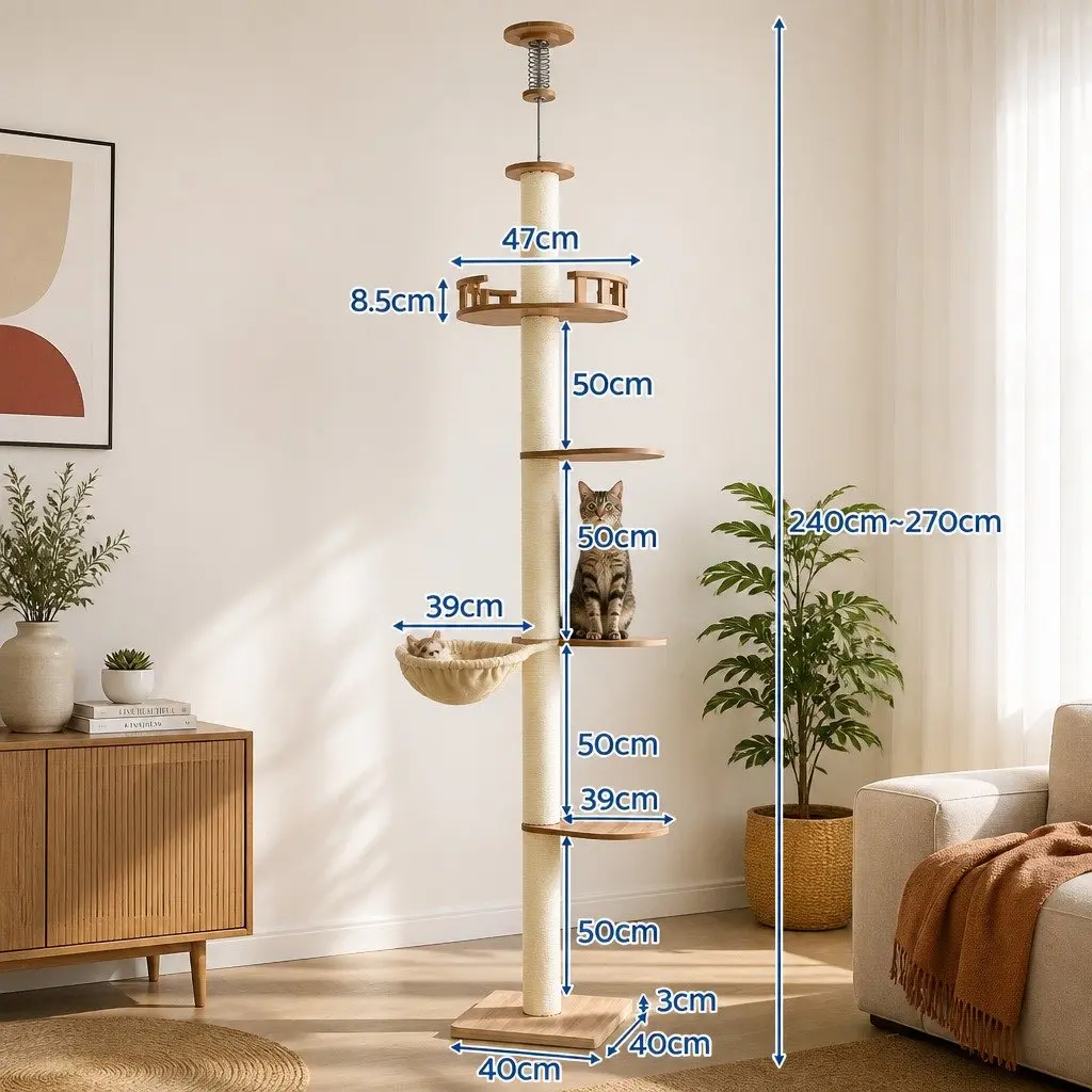 Cat Tree Tower Floor to Ceiling Scratching Post 270cm Beige Multi-Level Platform