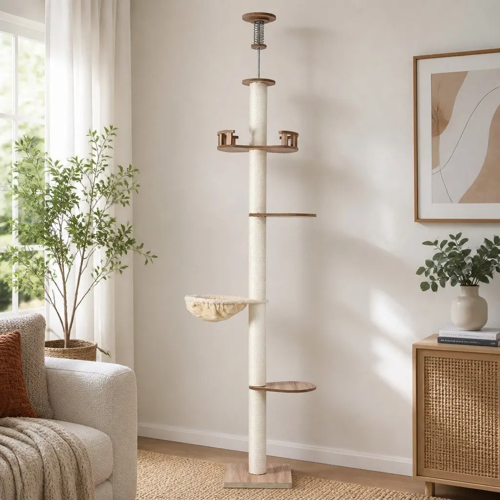 Cat Tree Tower Floor to Ceiling Scratching Post 270cm Beige Multi-Level Platform