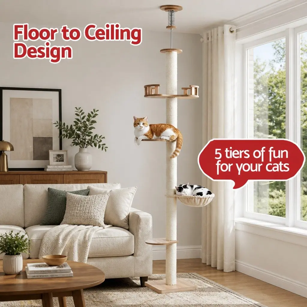 Cat Tree Tower Floor to Ceiling Scratching Post 270cm Beige Multi-Level Platform