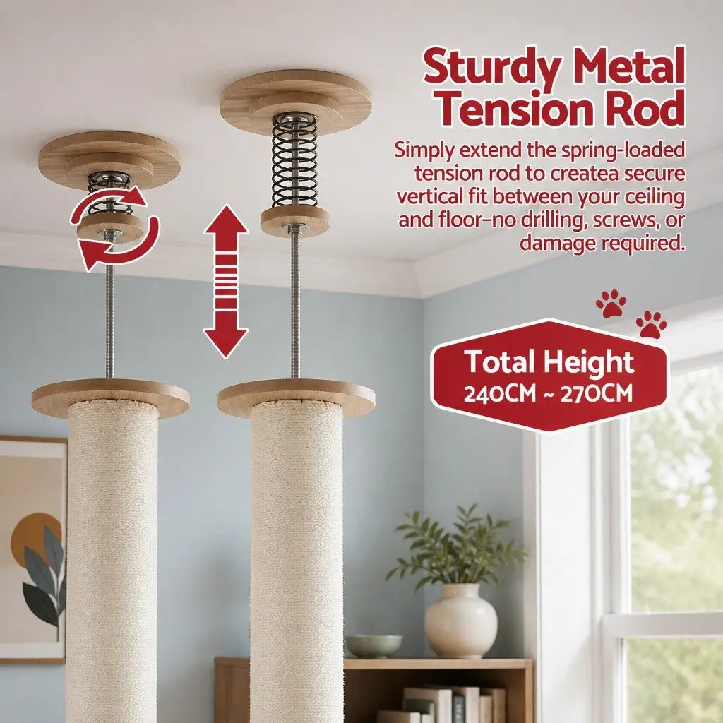 Cat Tree Tower Floor to Ceiling Scratching Post 270cm Beige Multi-Level Platform