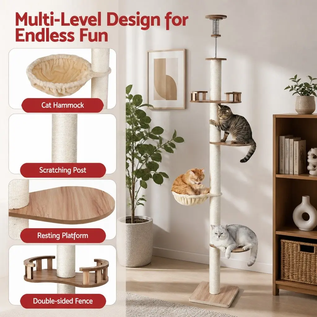 Cat Tree Tower Floor to Ceiling Scratching Post 270cm Beige Multi-Level Platform