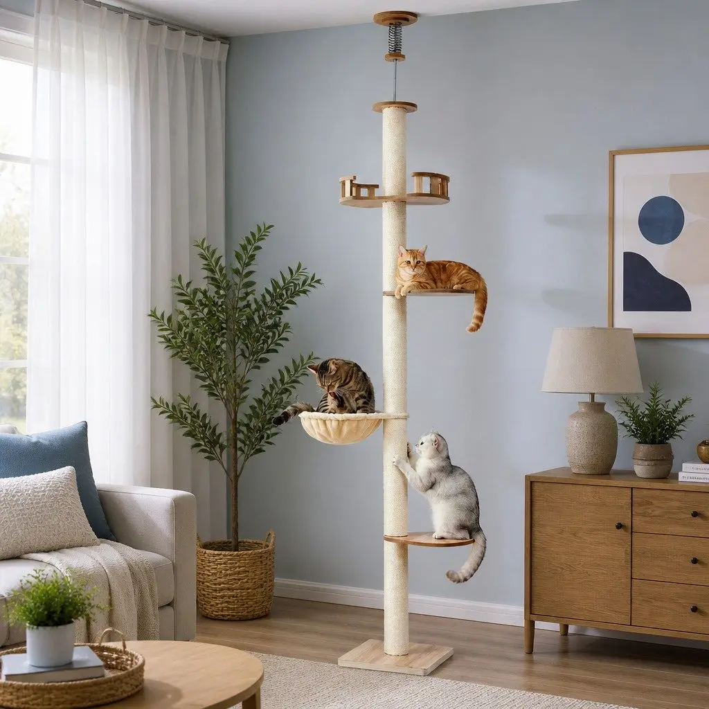 Cat Tree Tower Floor to Ceiling Scratching Post 270cm Beige Multi-Level Platform
