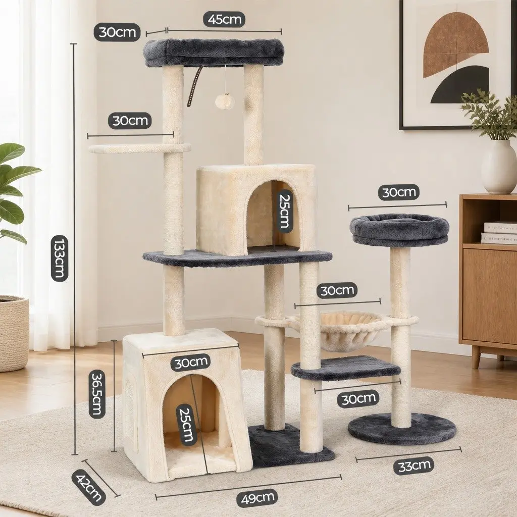 Cat Tree Tower Multi-Level Scratching Post 133cm Rotatable L-Shape Grey Beige