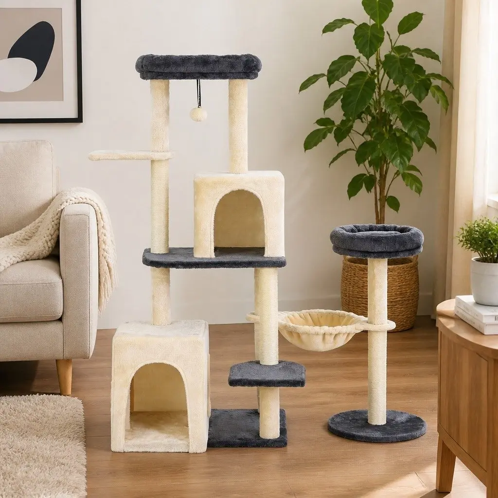 Cat Tree Tower Multi-Level Scratching Post 133cm Rotatable L-Shape Grey Beige