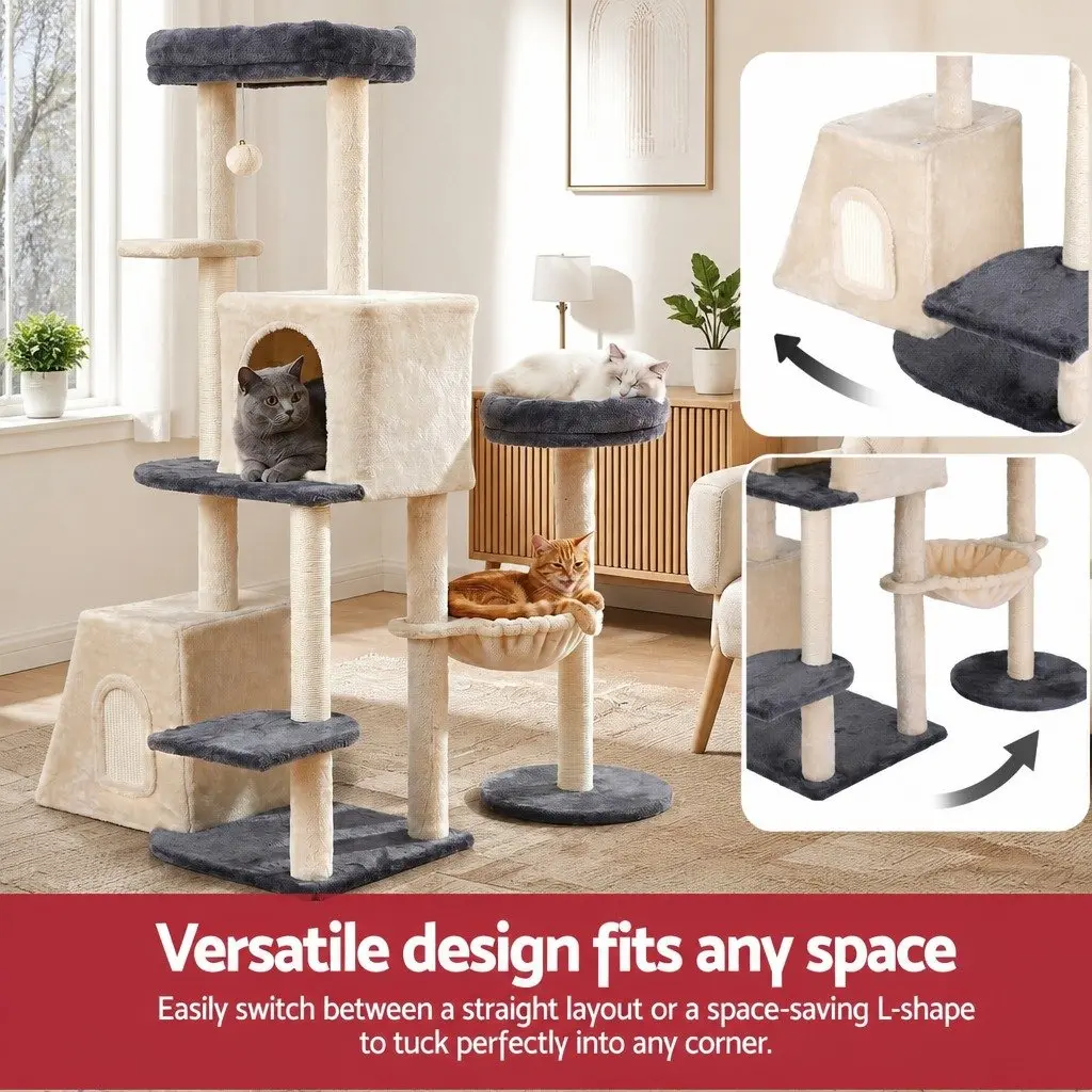 Cat Tree Tower Multi-Level Scratching Post 133cm Rotatable L-Shape Grey Beige