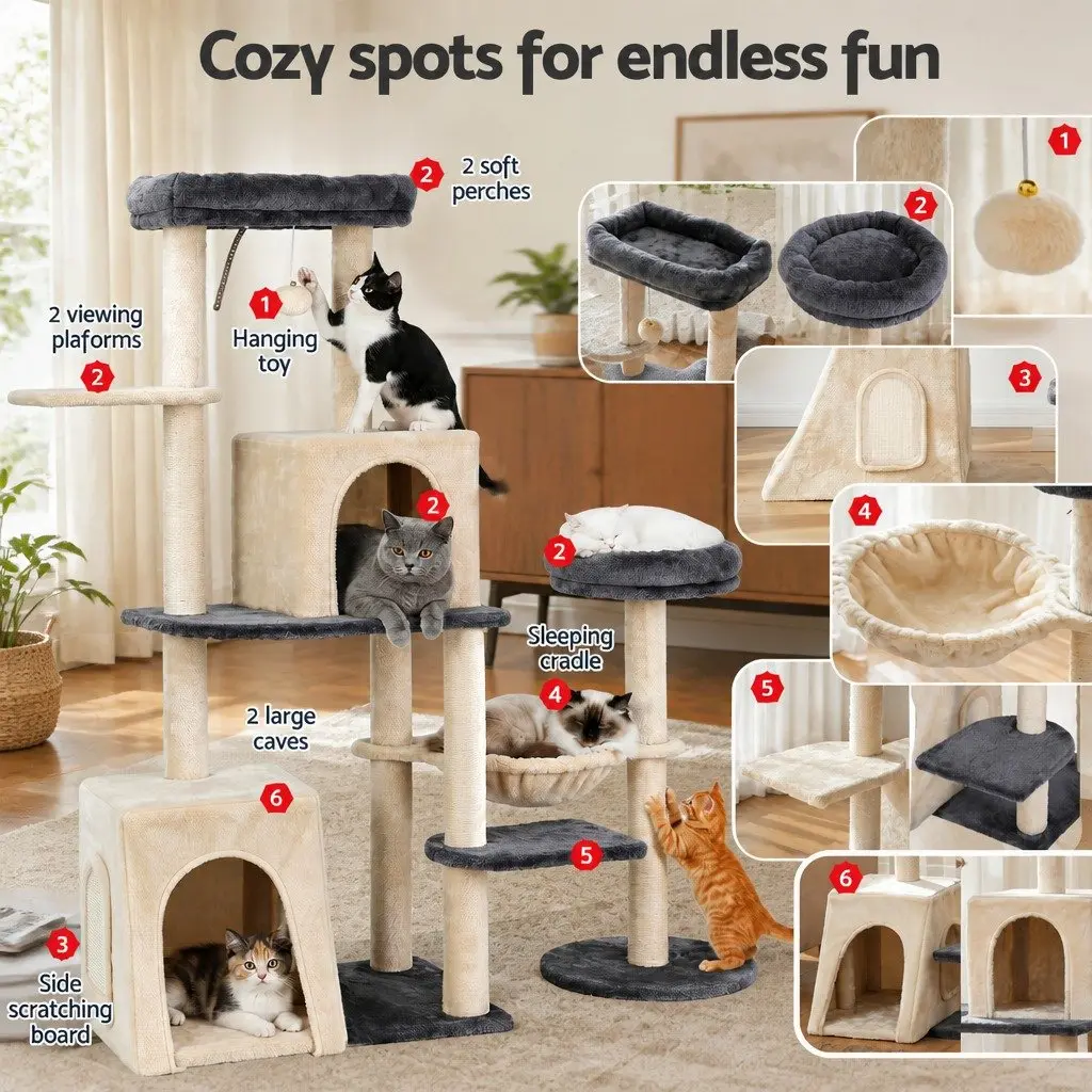 Cat Tree Tower Multi-Level Scratching Post 133cm Rotatable L-Shape Grey Beige