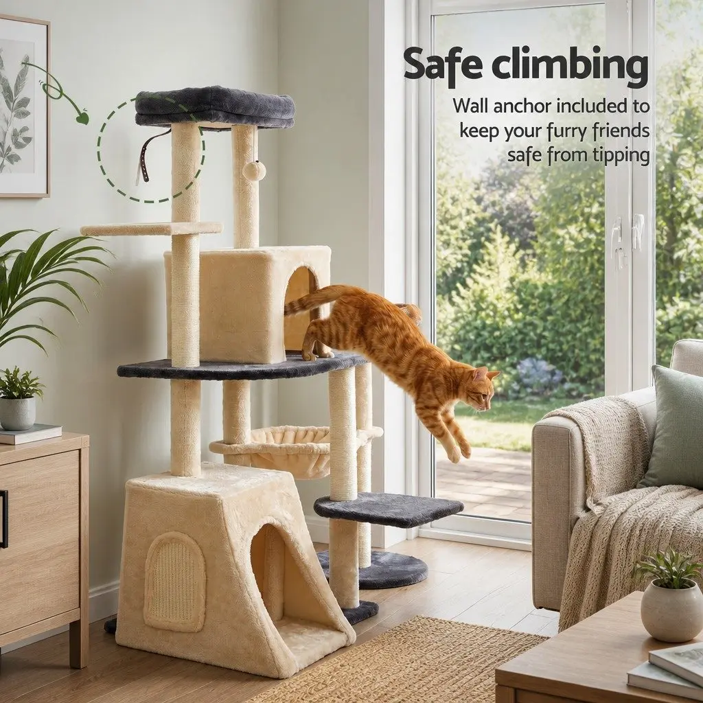 Cat Tree Tower Multi-Level Scratching Post 133cm Rotatable L-Shape Grey Beige