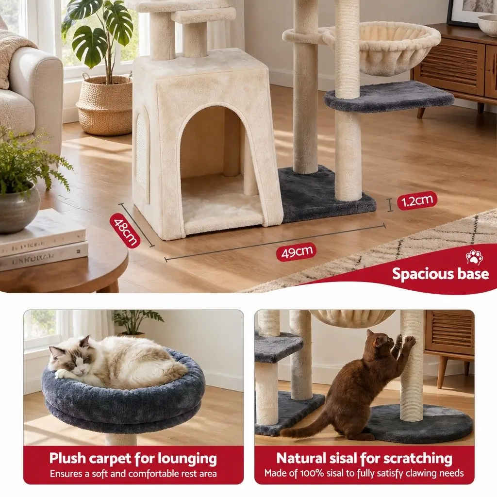 Cat Tree Tower Multi-Level Scratching Post 133cm Rotatable L-Shape Grey Beige
