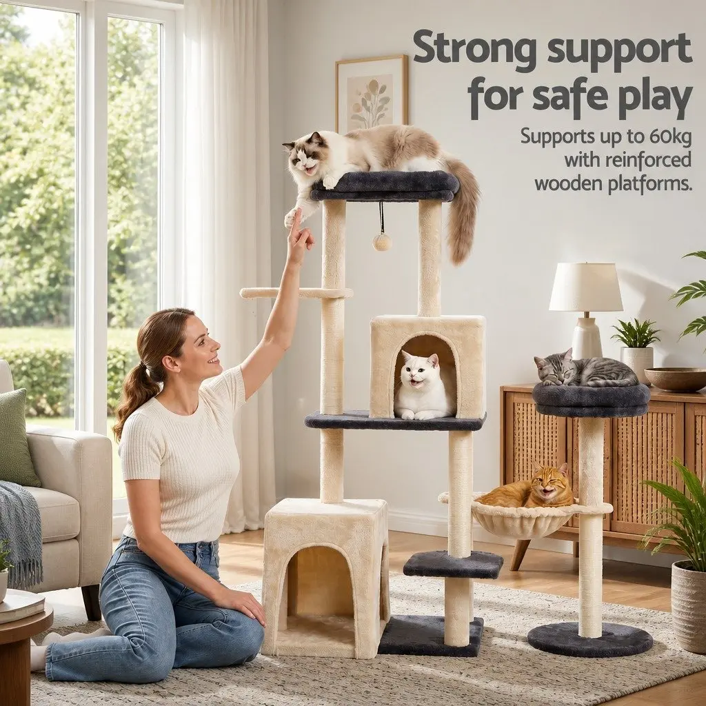 Cat Tree Tower Multi-Level Scratching Post 133cm Rotatable L-Shape Grey Beige