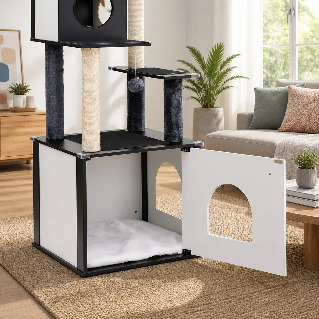Cat Tree Tower Scratching Post 144cm Black White