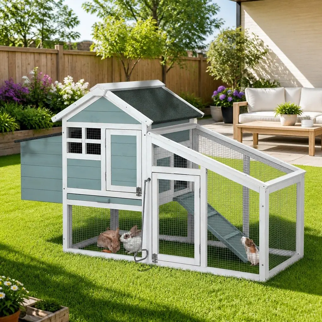 Wooden Chicken Coop Rabbit Hutch 150cm Large Pet House Green and White
