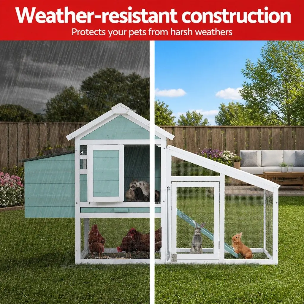 Wooden Chicken Coop Rabbit Hutch 150cm Large Pet House Green and White
