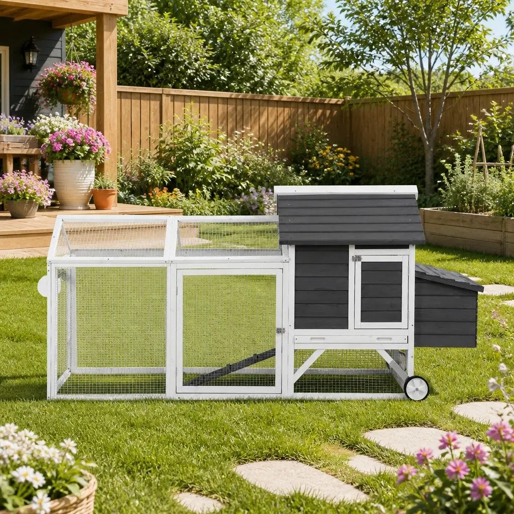 Wooden Chicken Coop Rabbit Hutch Outdoor Run Extra Large Grey and White