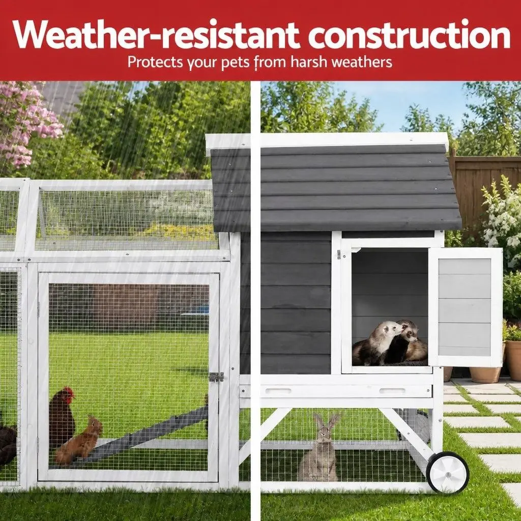 Wooden Chicken Coop Rabbit Hutch Outdoor Run Extra Large Grey and White