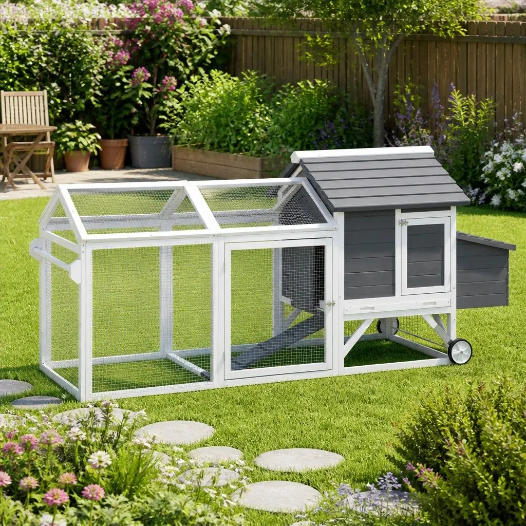 Wooden Chicken Coop Rabbit Hutch Outdoor Run Extra Large Grey and White