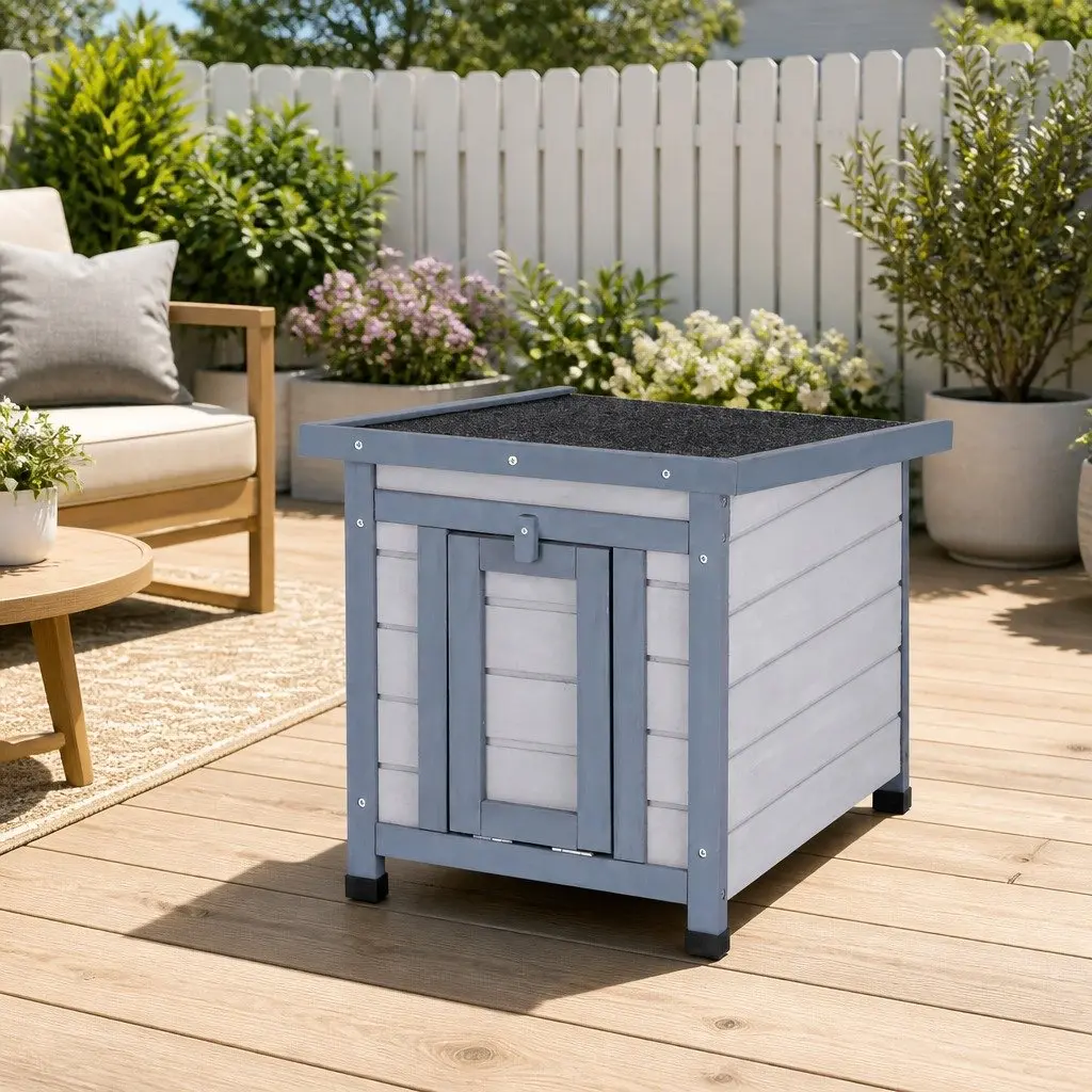 Wooden Cat House Outdoor Shelter Small Animal Enclosure 52cm L x 42cm W x 40cm H Grey