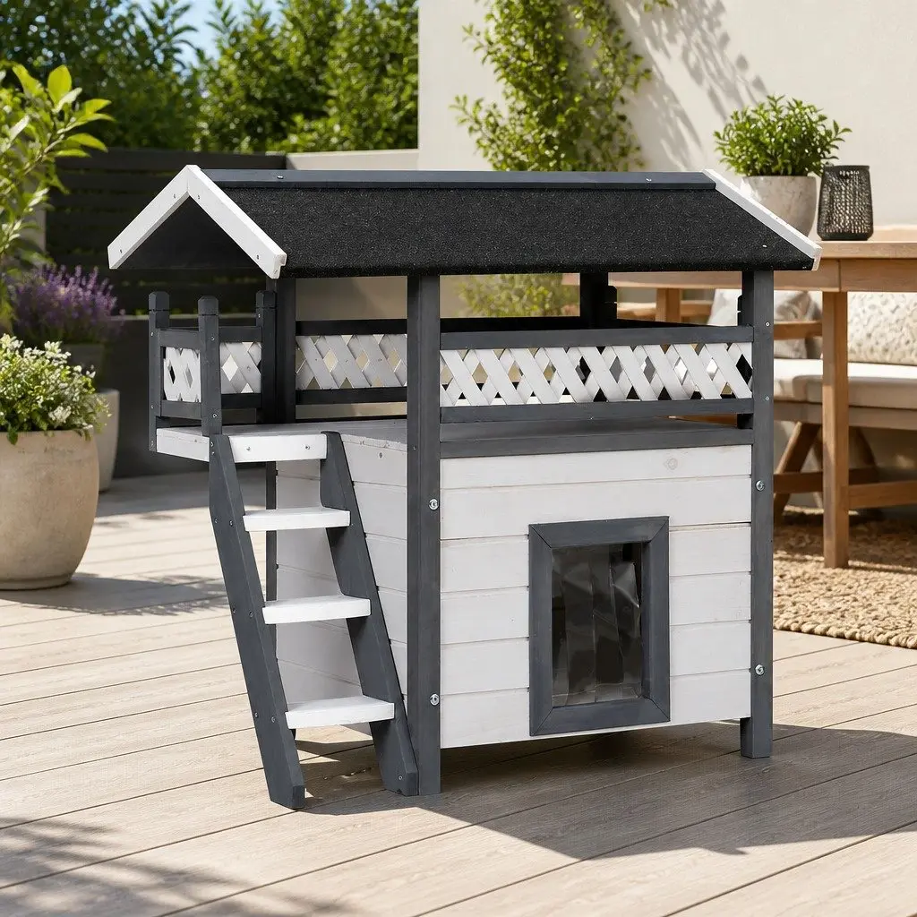 Wooden Pet Hutch Outdoor Small Animal Habitat Double Tier Condo 77cm Grey White