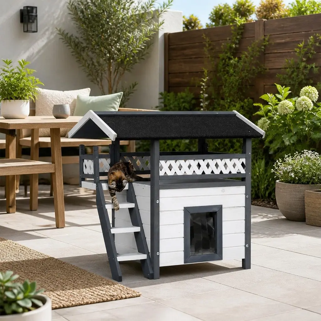 Wooden Pet Hutch Outdoor Small Animal Habitat Double Tier Condo 77cm Grey White