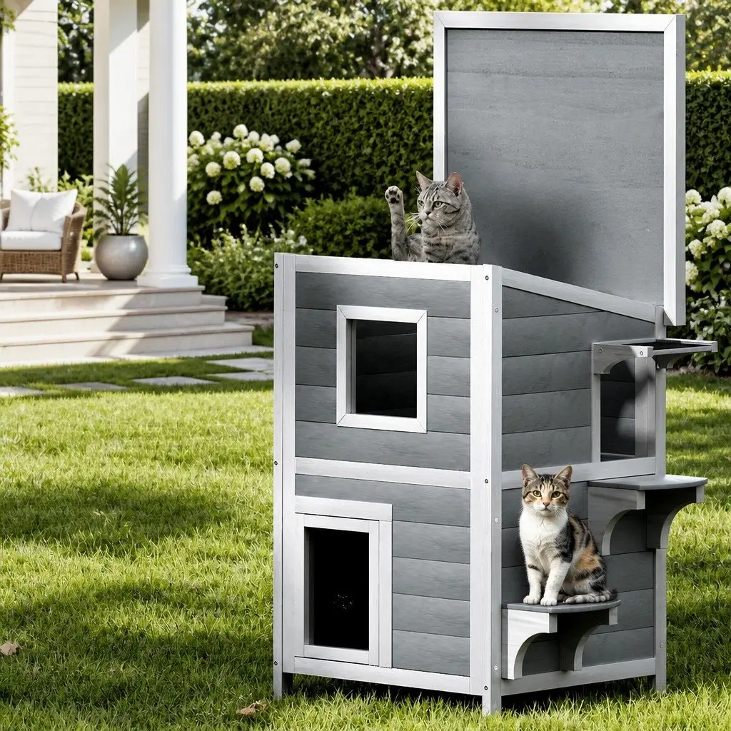Wooden Pet Hutch Outdoor Shelter for Small Animals 56cm x 52cm x 82cm Grey and White