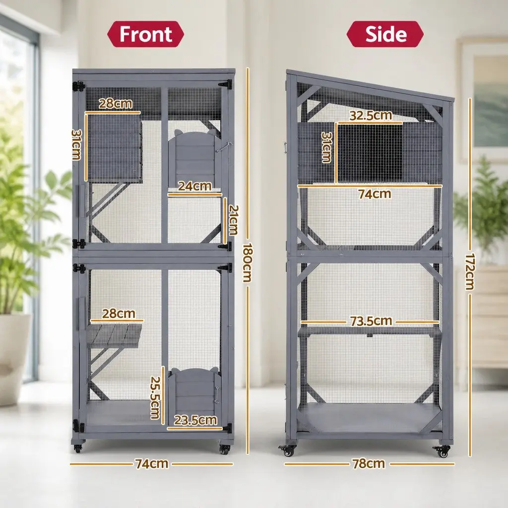 Wooden Cat House Multi-Tier Pet Hutch 180cm Grey