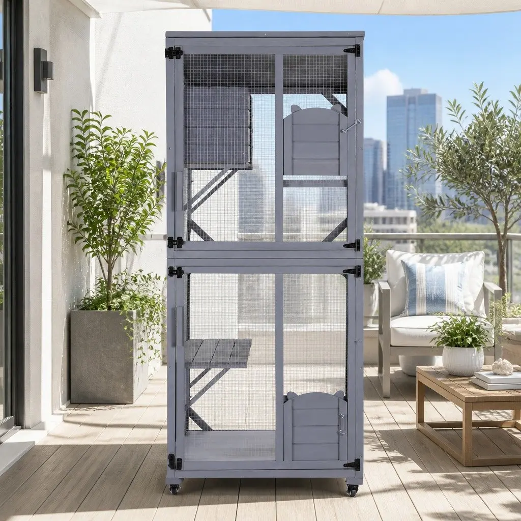 Wooden Cat House Multi-Tier Pet Hutch 180cm Grey