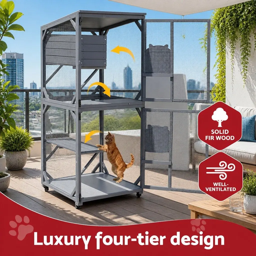 Wooden Cat House Multi-Tier Pet Hutch 180cm Grey