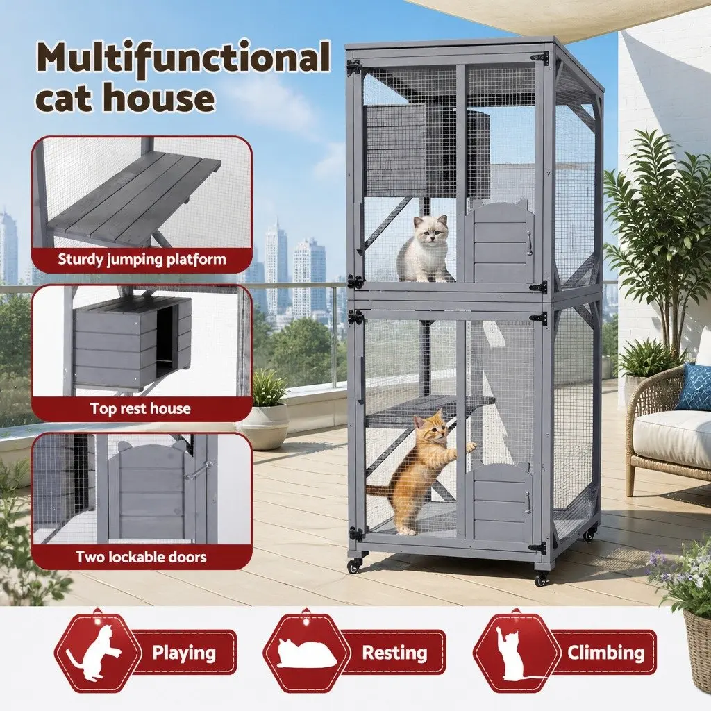 Wooden Cat House Multi-Tier Pet Hutch 180cm Grey