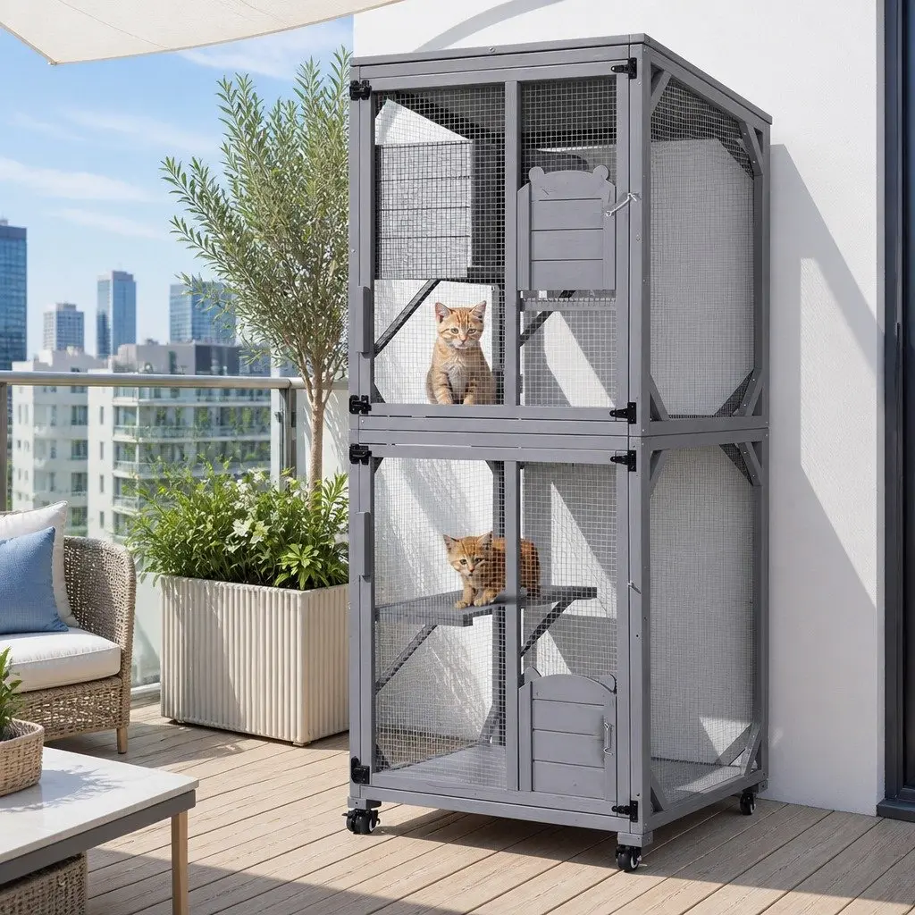 Wooden Cat House Multi-Tier Pet Hutch 180cm Grey