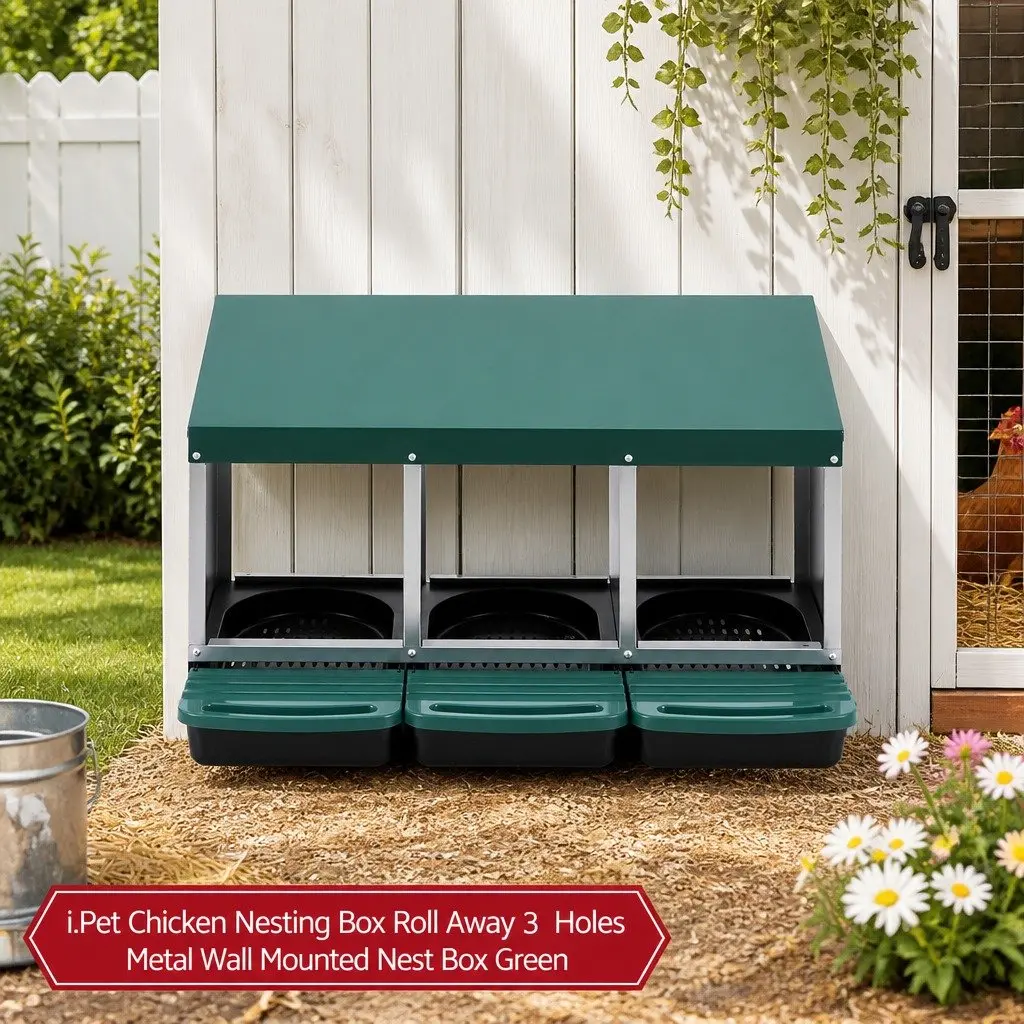 Chicken Nesting Box Roll Away 3 Holes Wall Mounted Green Galvanized