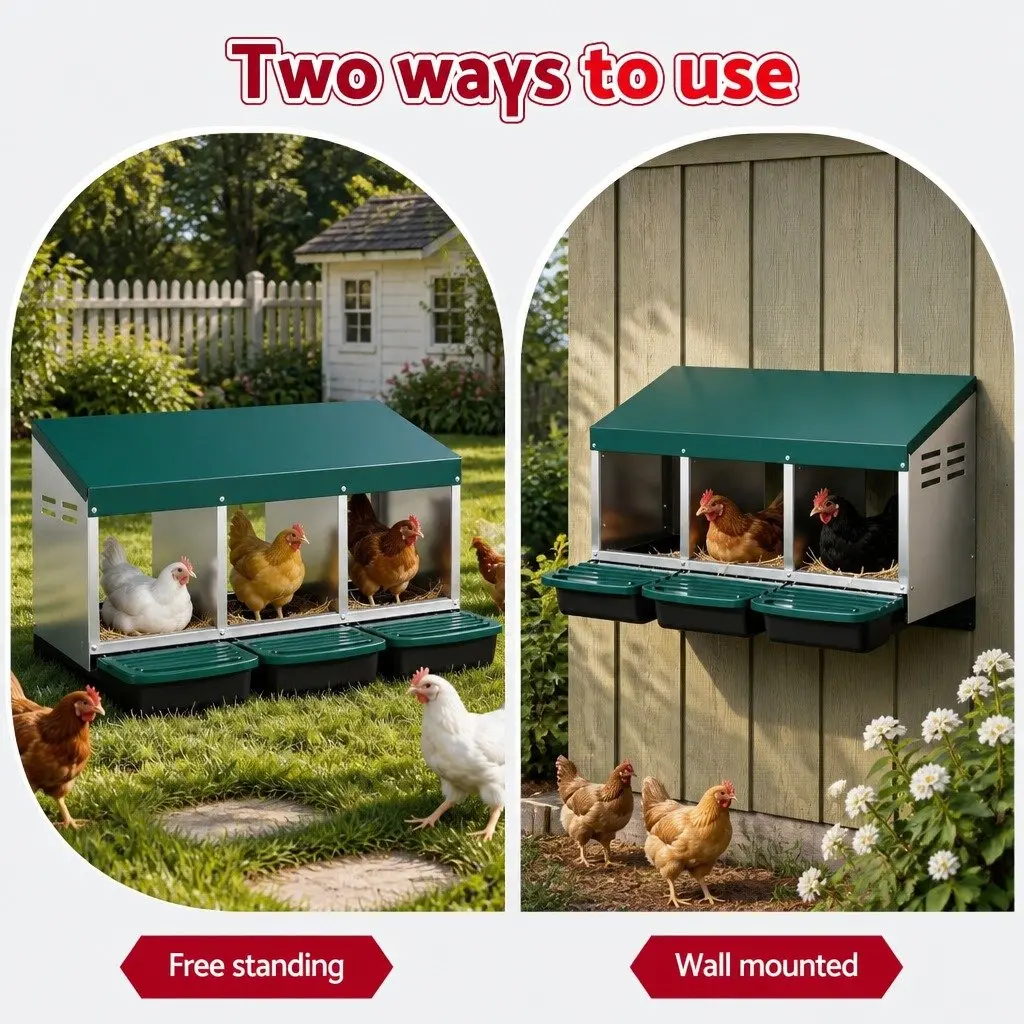 Chicken Nesting Box Roll Away 3 Holes Wall Mounted Green Galvanized