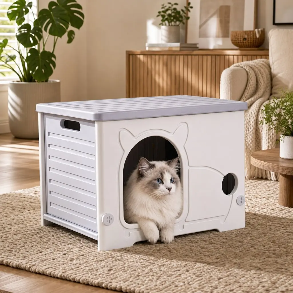 Cat House Enclosed Shelter Stackable Bench Box Pet Carrier Indoor Outdoor Grey 54cm x 41cm x 39cm