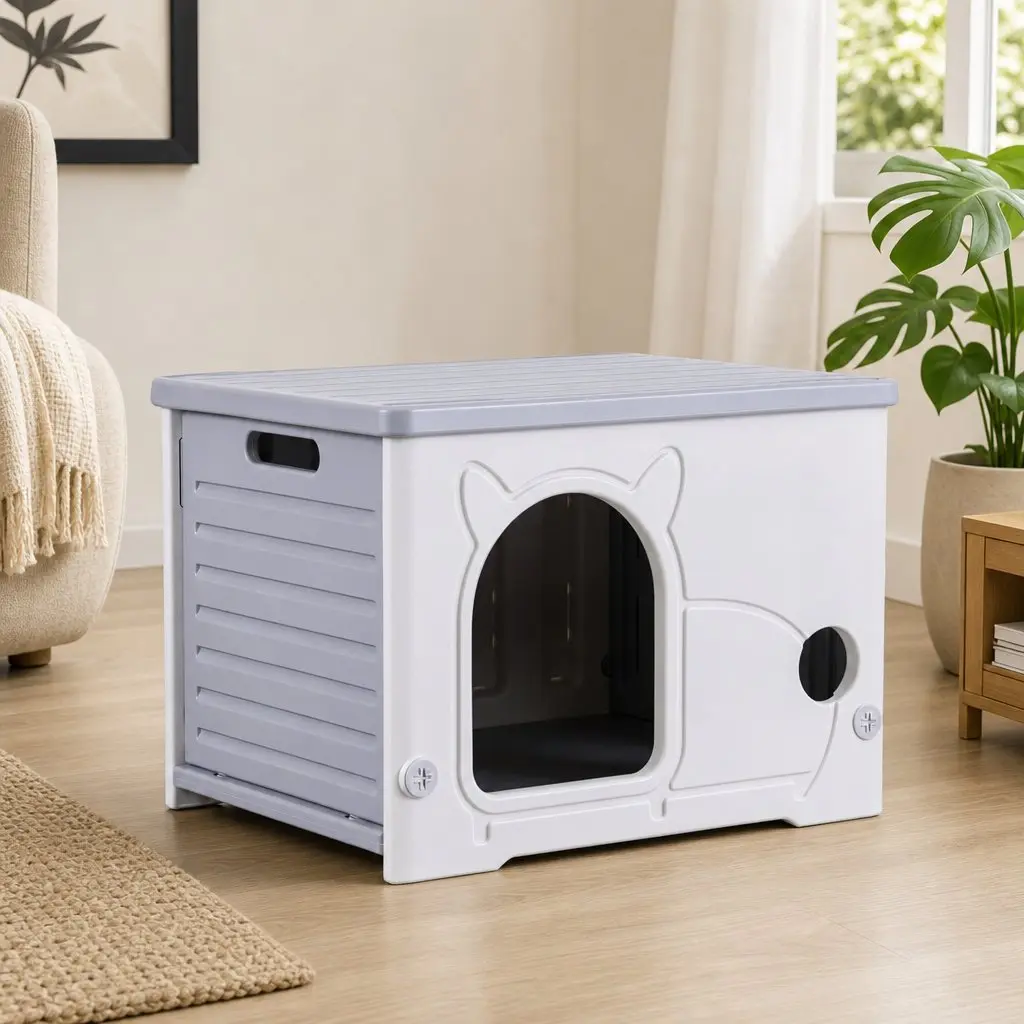 Cat House Enclosed Shelter Stackable Bench Box Pet Carrier Indoor Outdoor Grey 54cm x 41cm x 39cm