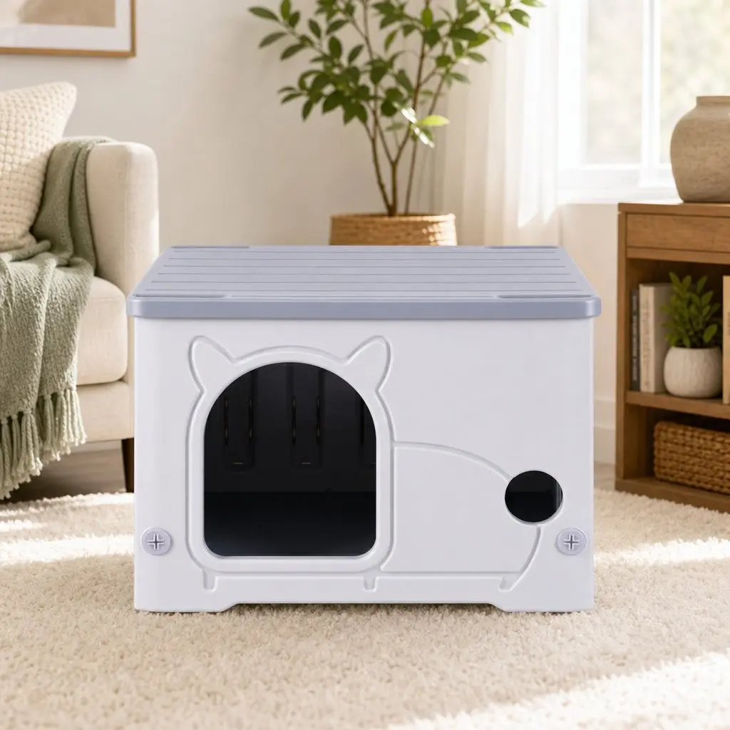 Cat House Enclosed Shelter Stackable Bench Box Pet Carrier Indoor Outdoor Grey 54cm x 41cm x 39cm