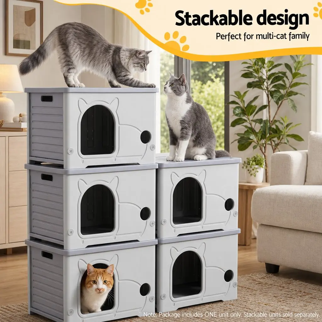 Cat House Enclosed Shelter Stackable Bench Box Pet Carrier Indoor Outdoor Grey 54cm x 41cm x 39cm