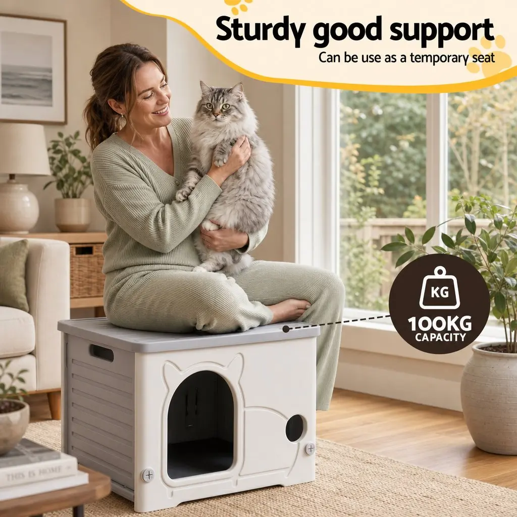 Cat House Enclosed Shelter Stackable Bench Box Pet Carrier Indoor Outdoor Grey 54cm x 41cm x 39cm