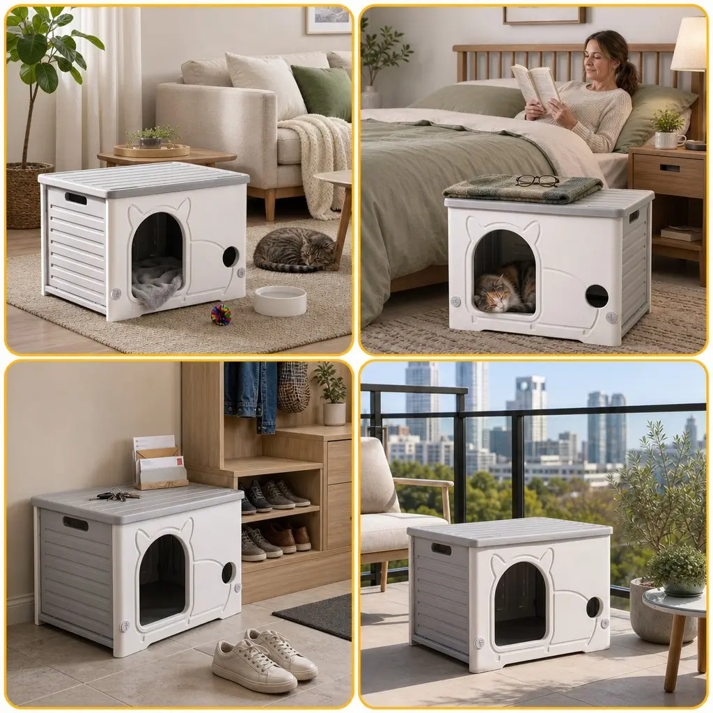 Cat House Enclosed Shelter Stackable Bench Box Pet Carrier Indoor Outdoor Grey 54cm x 41cm x 39cm