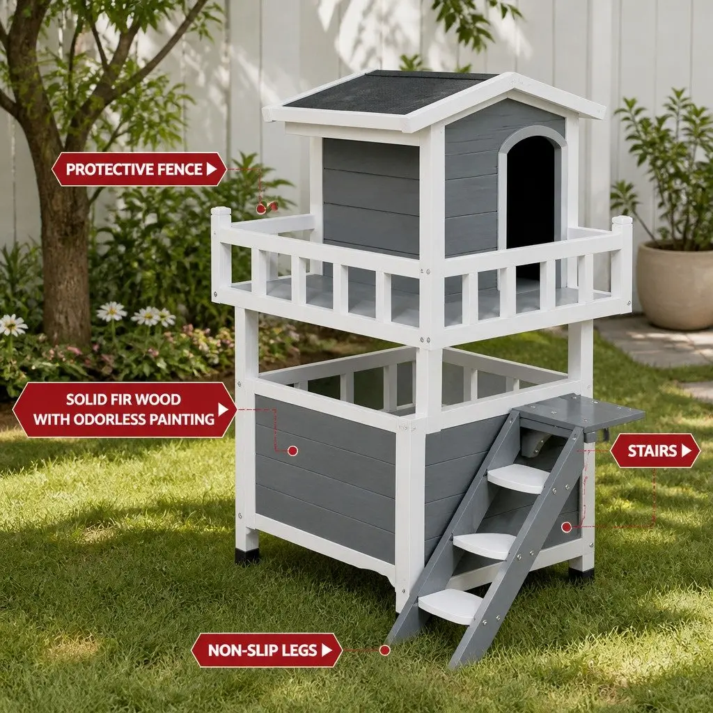 Wooden Cat House Small Animal Shelter 72cm Grey White